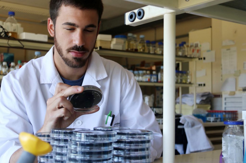 Esteban Bustos, al laboratori de Microbiologia. Foto: A. Costa/UIB