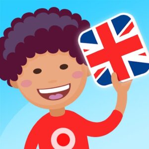 Logo EASY Peasy inglés para niños, con niño con cartel con la bandera de Reino Unido