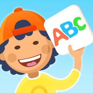 Logo EASY Peasy. Dibujo de niño con un cartel con las letras ABC