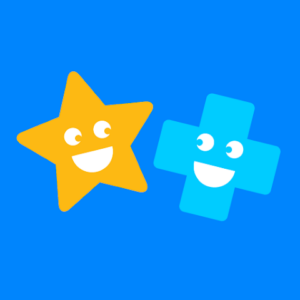 Logo de DoodleMaths, estrella amarilla y signo de suma azul con cara sonriente sobre fondo azul oscuro.